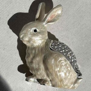 Bunny Rabbit Trinket Box Enameled Rhinestones Pearlescent Hinged